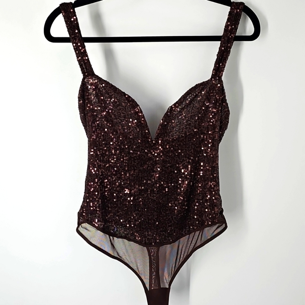 Free People Intimately Hot Cocoa Brown Sequin Sparks Fly Tank Top Bodysuit - Picture 3 of 16